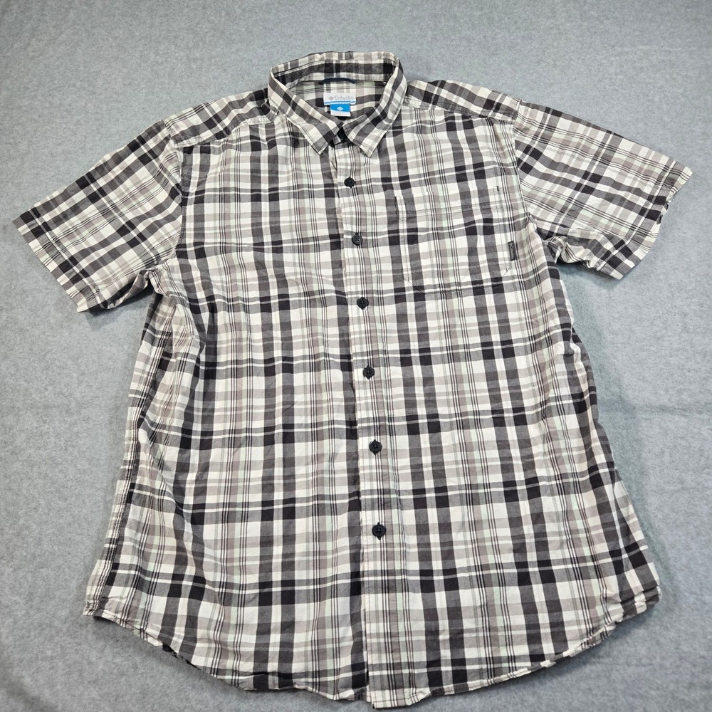 Columbia Mens Plaid Short Sleeve Button Down Shirt Black Grey XM7749 Large